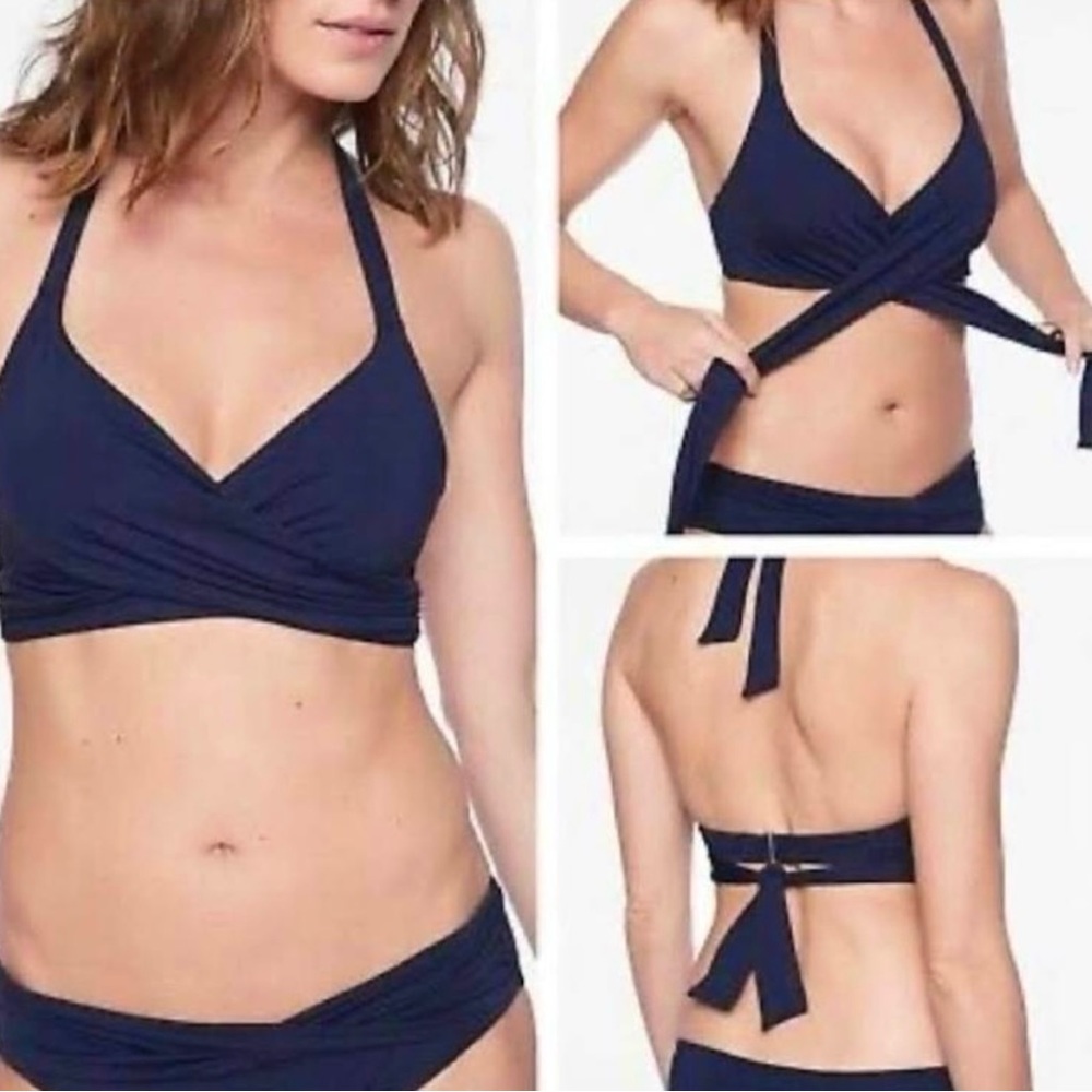 ATHLETA NAVY BLUE BRA CUP WRAP HALTER TOP AND HIGH WAIST LINED BOTTOM BIKINI SET